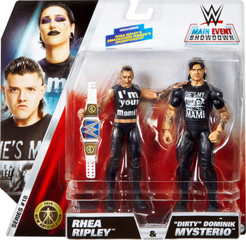 Mattel WWE Main Event Championship Showdown 2-Pack Action Figures & Accessory, Series #20 ‘Dirty’ Dominik Mysterio vs Rhea Ripley Collectible Set