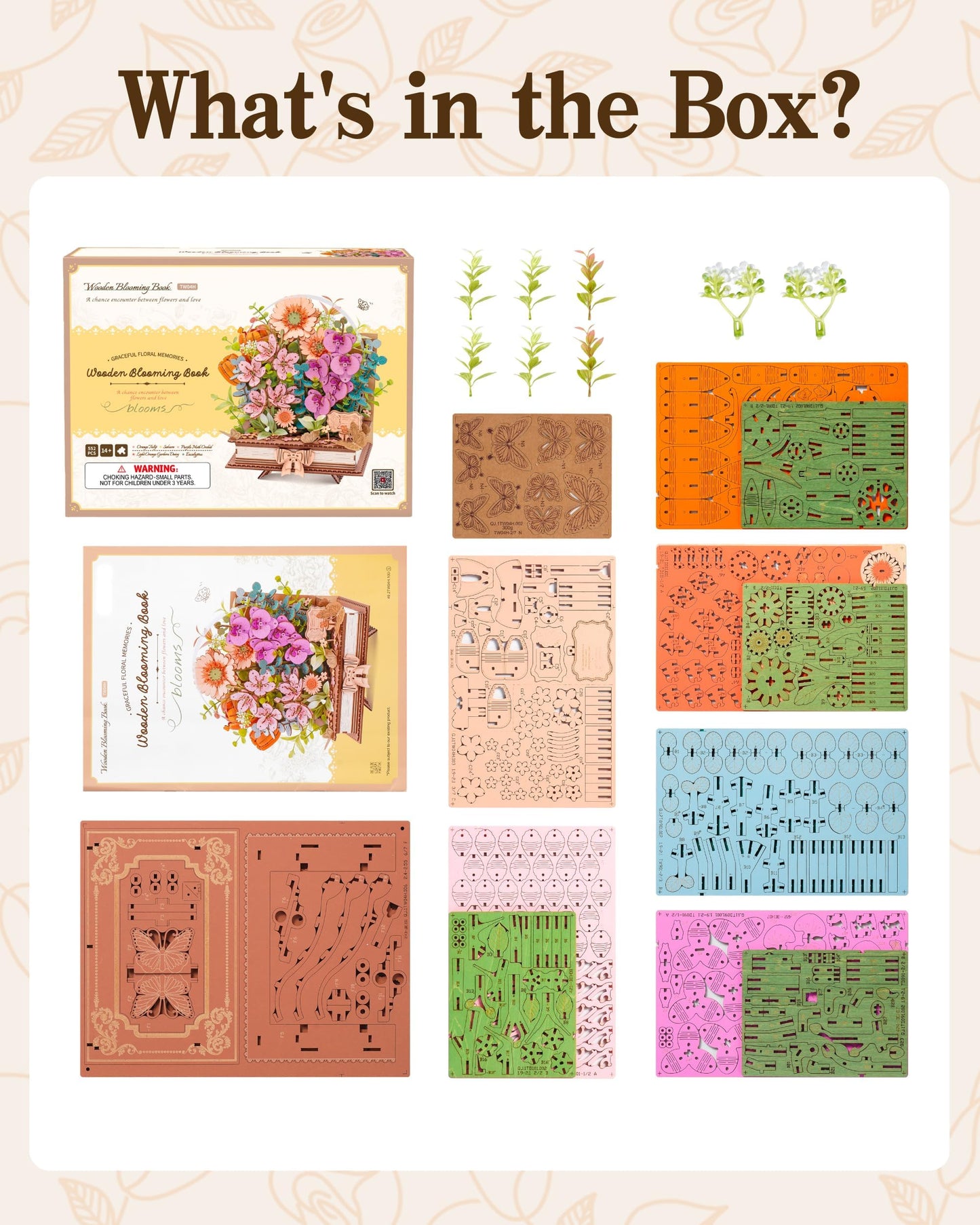 ROBOTIME 3D Wooden Blooming Book Garden DIY Kit, Flowers Building Set, Adult Creative Craft & Home Decor Puzzle, Unique Gift for Women, Mom