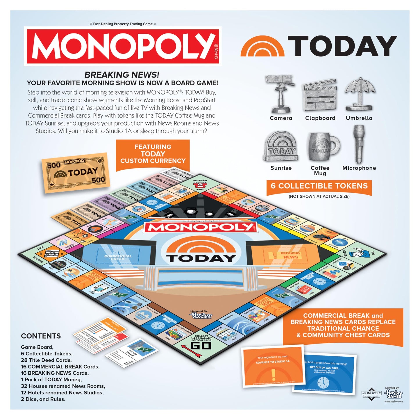 Monopoly: Today Board Game, Buy, Sell & Trade Studio1A, Today Plaza & More, Includes 6 Collectible Mover Tokens - Today Coffee Mug, Umbrella, Camera