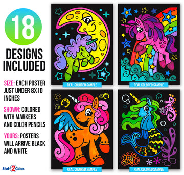 Super Pack of 18 Fuzzy Velvet Coloring Posters (Unicorn Fun Edition) - Great for Family Time, Arts and Crafts, Travel, Quiet Time, Sharing, Parties