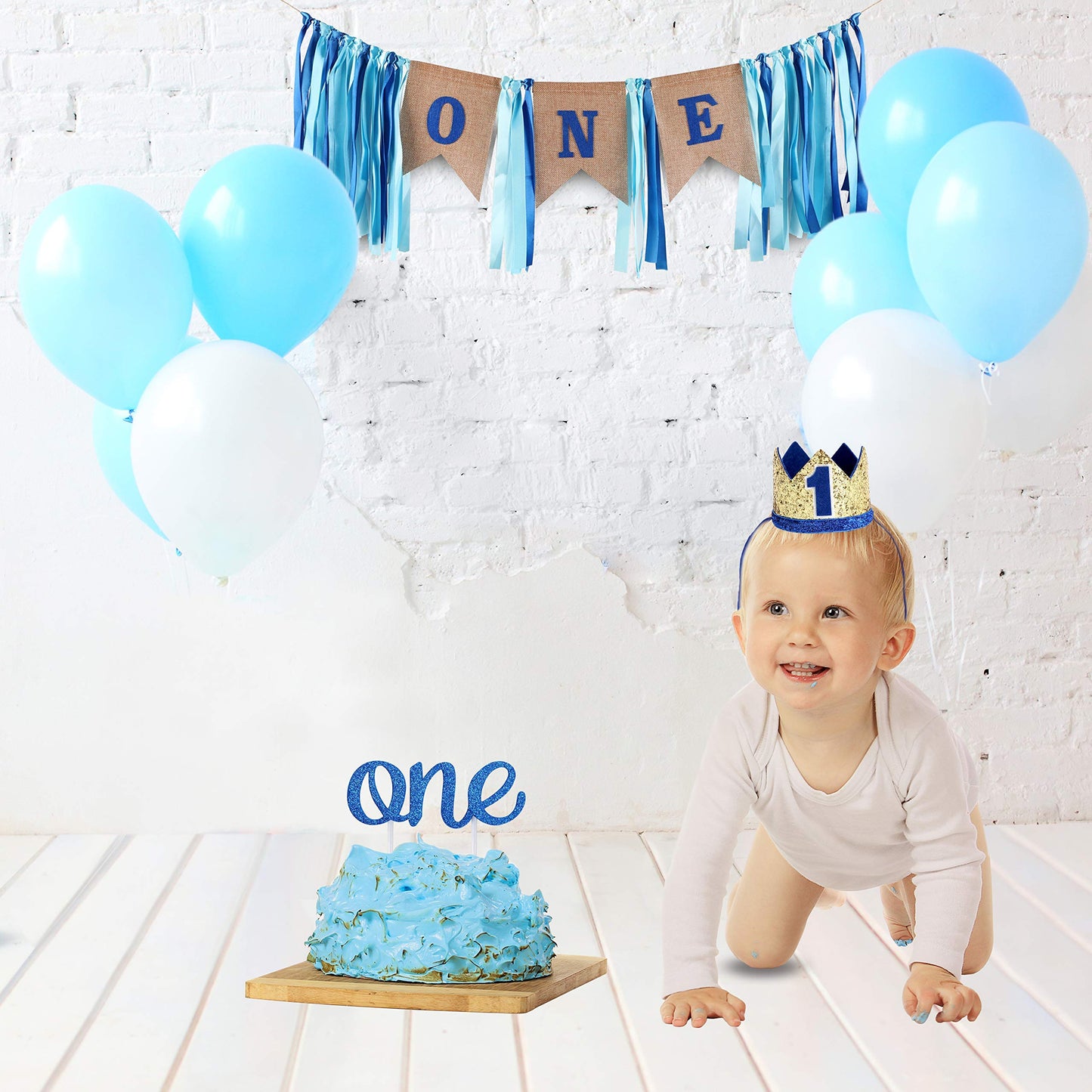 Baby 1st Birthday Boy Decorations with Crown - Baby Boy First Birthday Decorations High Chair Banner - Cake Smash Party Supplies - Happy Birthday ONE