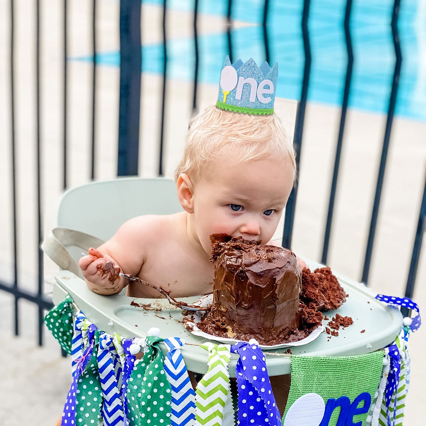 Boys Golf 1st Birthday Party Hat - Cake Smash Hat, Light Blue Stripes, Golf Cart Decal, Our Little All Star, Tee Time Pack