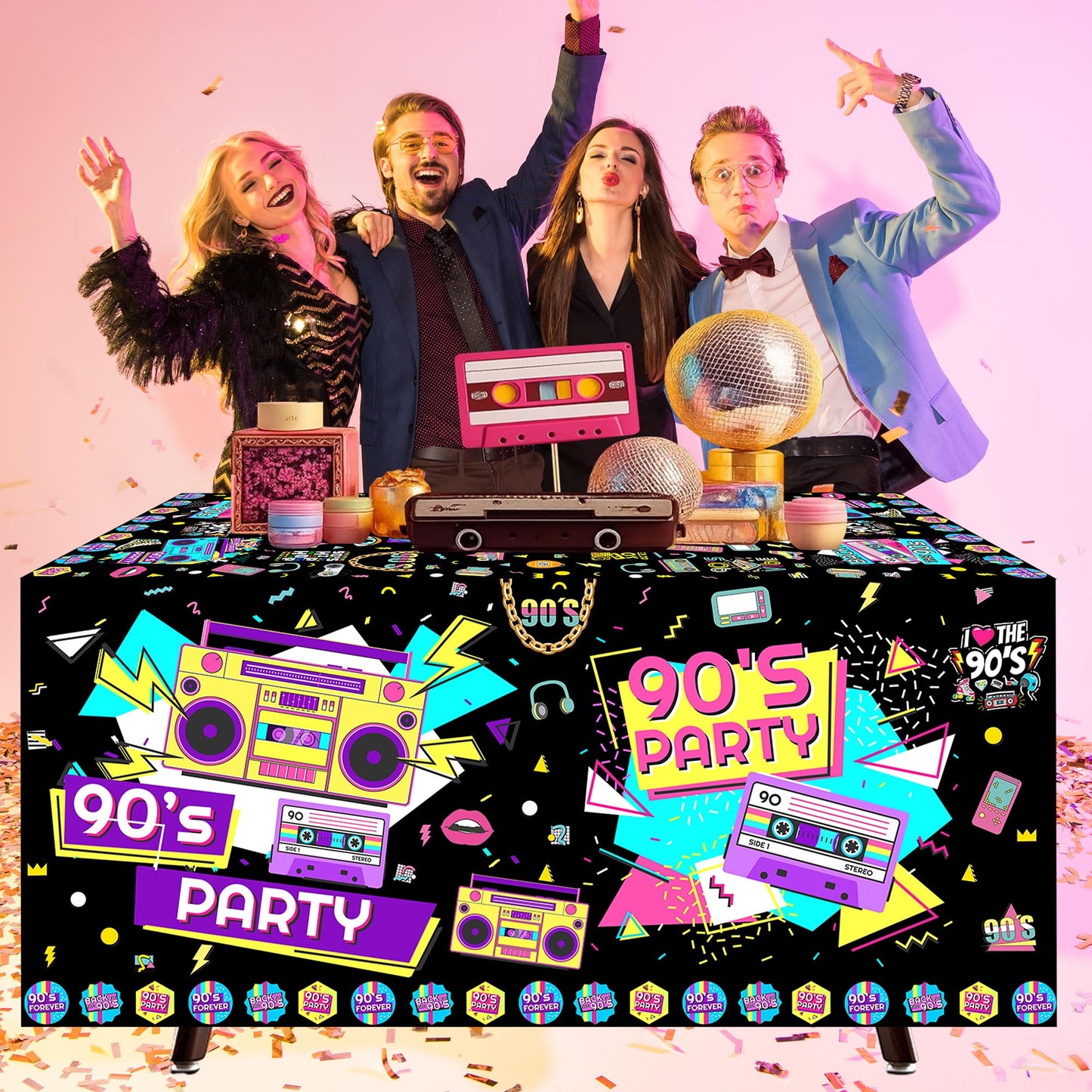 AHLIISSU 6Ft 90’s Party Tablecloth, 72'' x 30'' 1990s Theme Hip Hop Party Birthday Table Cover for ack to 90s Party Decorations Supplies