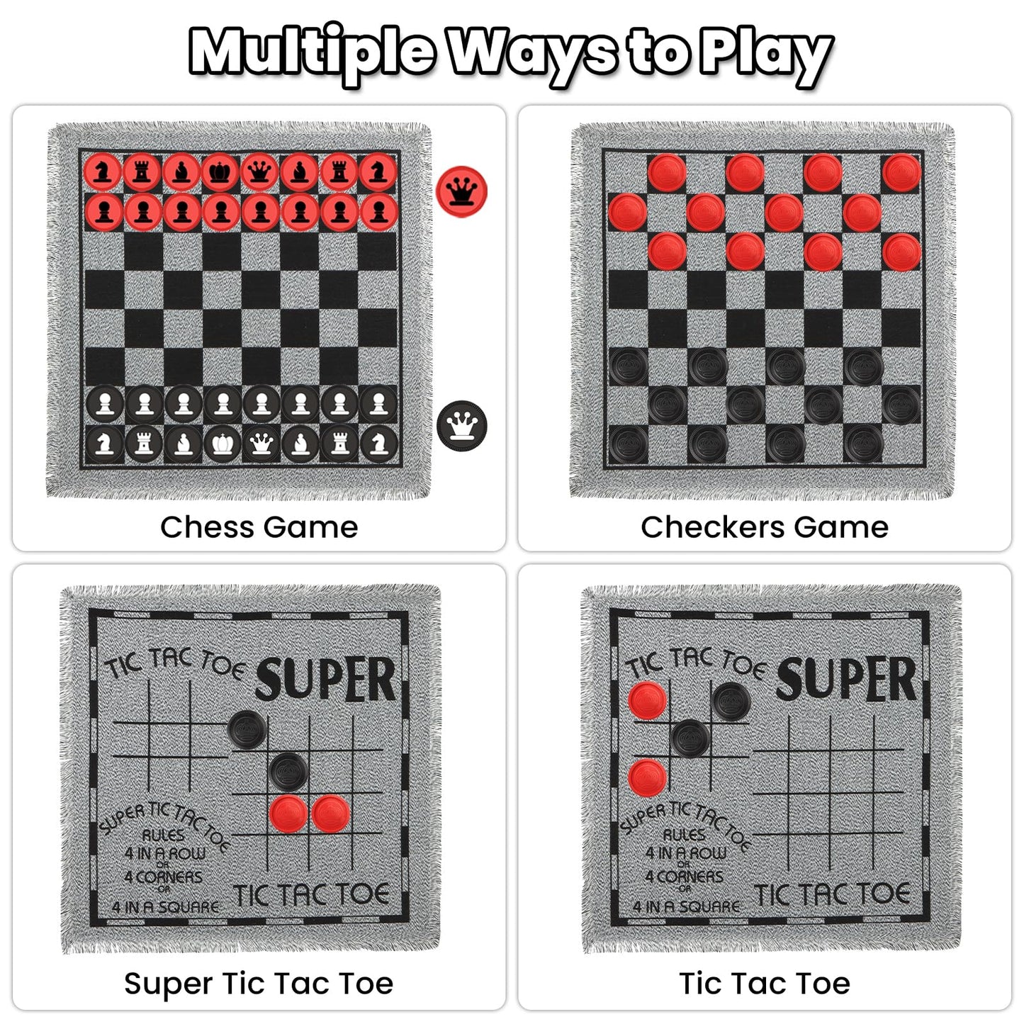 Giant 4 in 1 Chess Set,Jumbo Chess & Giant Checkers & Large Tic Tac Toe, Giant Chess Board Game for Kids Adults,Including 2 Extra Queen,Large Checkers
