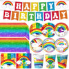 Rainbow Birthday Party Supplies Rainbow Theme Party Decorations for Boy, Include Tablecloth Banner Plate Napkin Cups