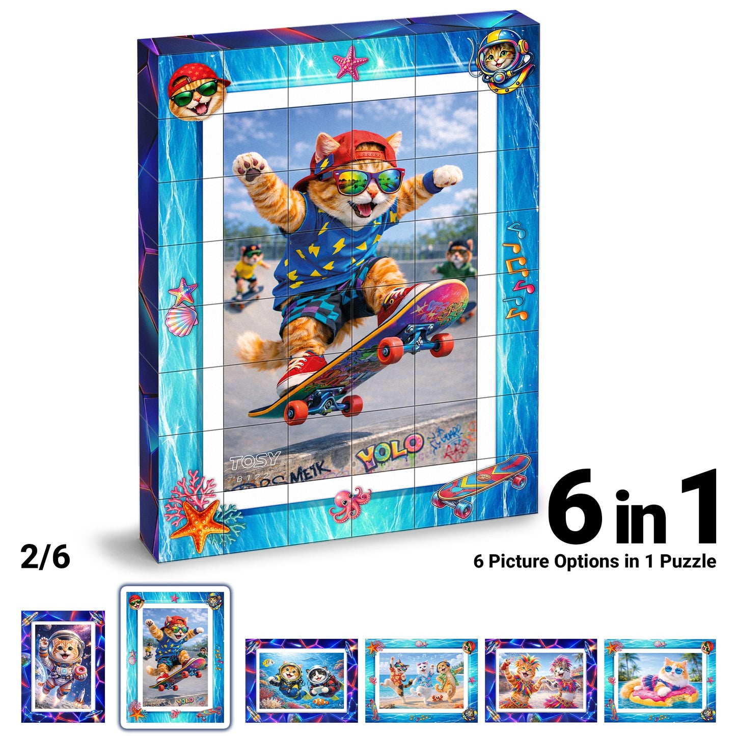 TOSY Picture Cube Adventure Cats: 6-in-1 Magnetic Picture Puzzle, 48 Blocks, 288 Puzzle Faces, 0.6 in, B122, Seamless UV Art, Display-Ready Frame