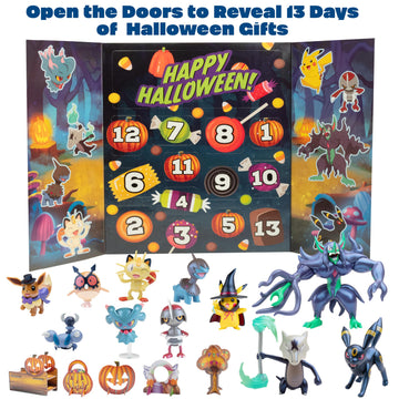 Pokemon Halloween Countdown Gift Set for Kids, 16 Piece Playset - Includes 11 Toy Character Figures & 5 Accessories - Pikachu, Eevee, Meowth & More