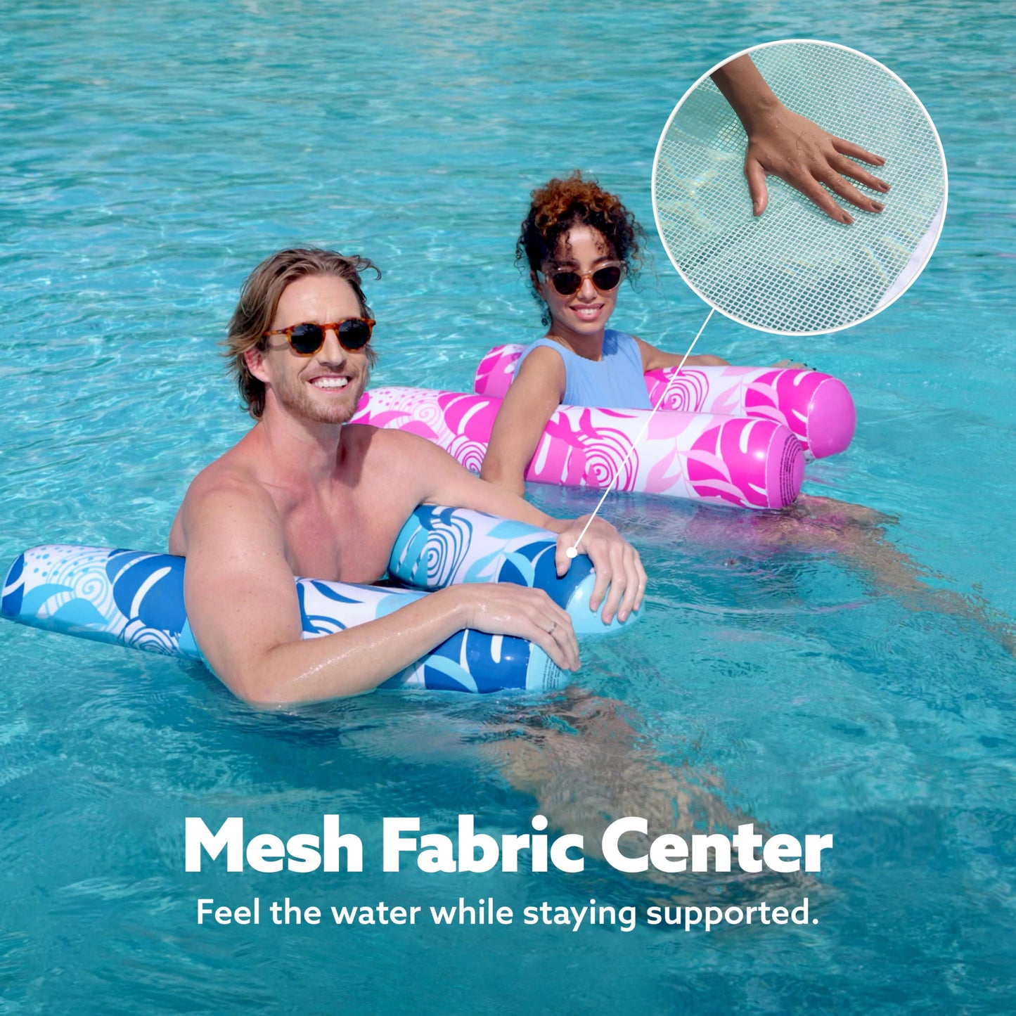 SLOOSH 2 Packs Tropical Leaves Hammock Pool Floats Adults, 4-in-1 Multi-Purpose Inflatable Pool Floats PVC Water Hammock Lounge Floaties (Blue&Pink)