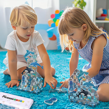 PicassoTiles Magnetic Tiles Aquarium Marine Animal Nano Construction Travel Set with Tin Storage Case Montessori Mini Magnet Tile Traveling STEM