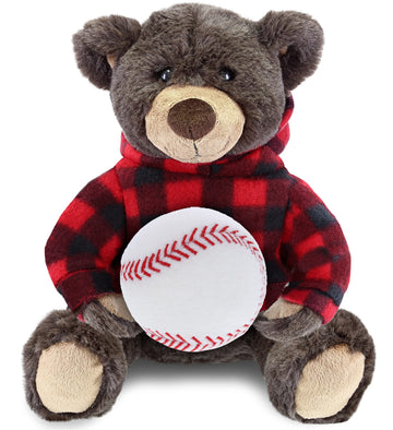 DolliBu Brown Bear Stuffed Animal with Baseball Plush - Soft Huggable Grizzly Bear, Adorable Playtime Teddy Bear Plush Toy, Cute Wild Life Sports Gift