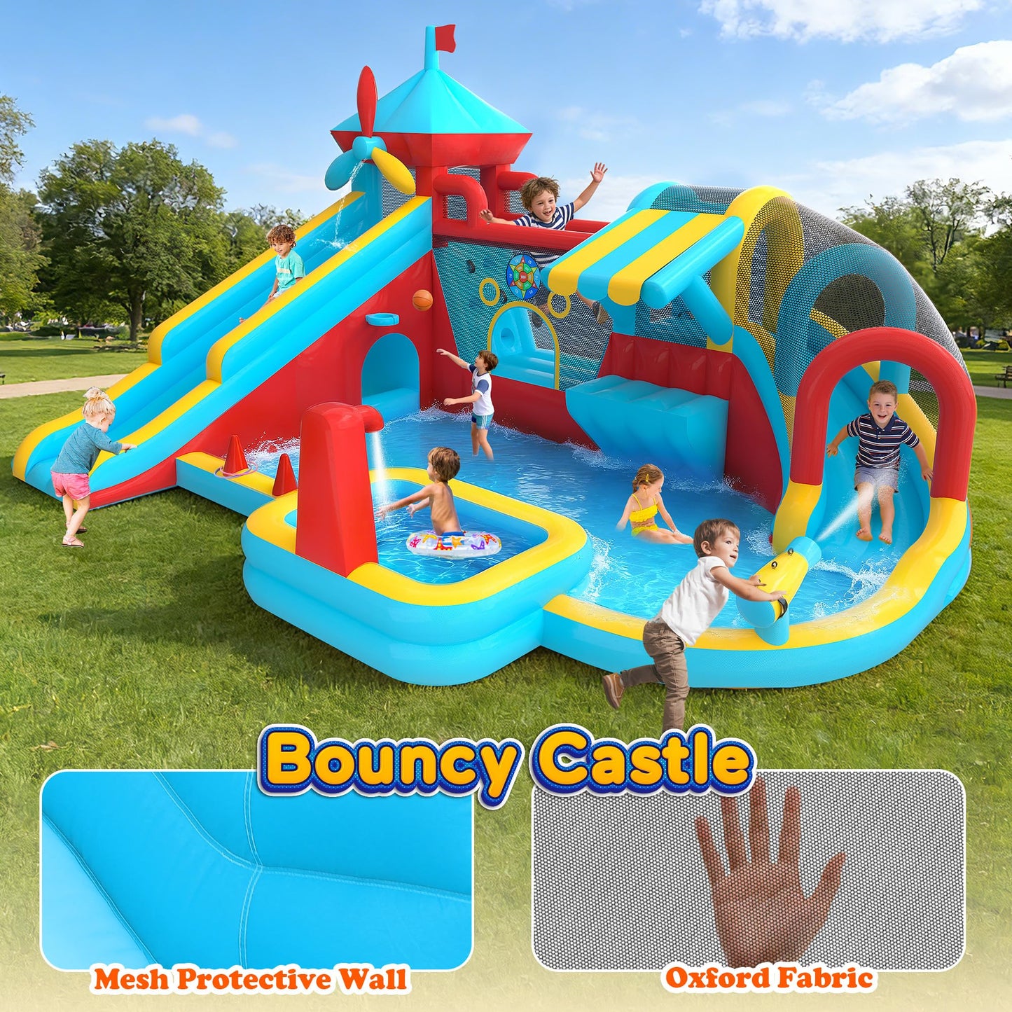 Inflatable Bounce House with 750W Blower, 10 in 1 Double Water Slide Bouncy Castle for Kids 3-10, Splash Pool, Water Gun, Climbing Wall, Toy Stand