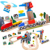 Wooden Train Set Kids Lift & Load Magnetic Crane Helicopter Semi Truck Shipping Containers Diesel Engine STEM Construction Playset Compatible