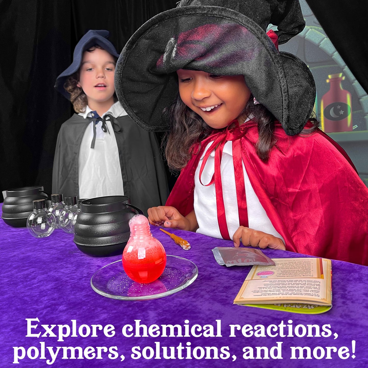 Tasty Labs Wizard Potion Science Kit - Make 5 Magical Potions, Chemistry Experiments Safe to Drink, Includes Cauldron & Wand - Study Reactions