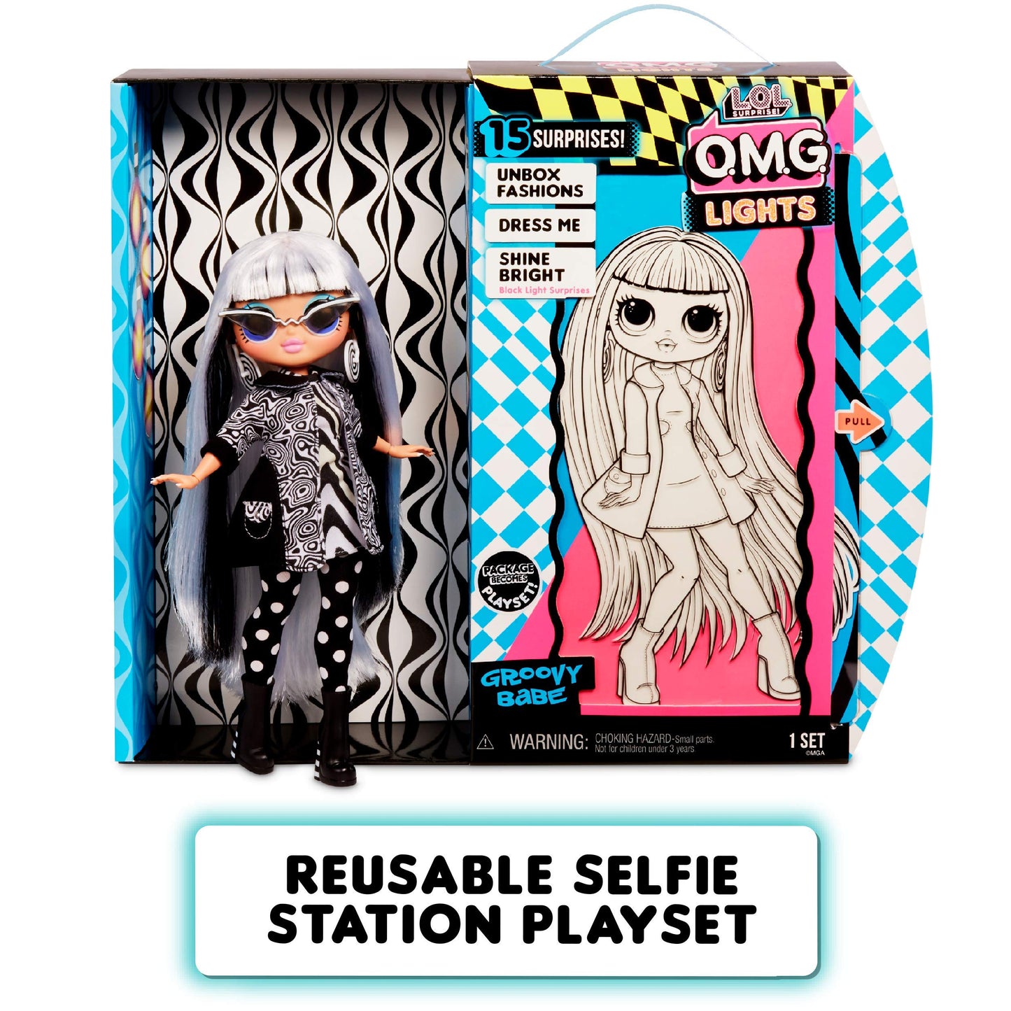 LOL Surprise OMG Lights Groovy Babe Fashion Doll with 15 Surprises Accessories Set | Includes Fashion Doll and Magic Black Light Surprises| for Girls