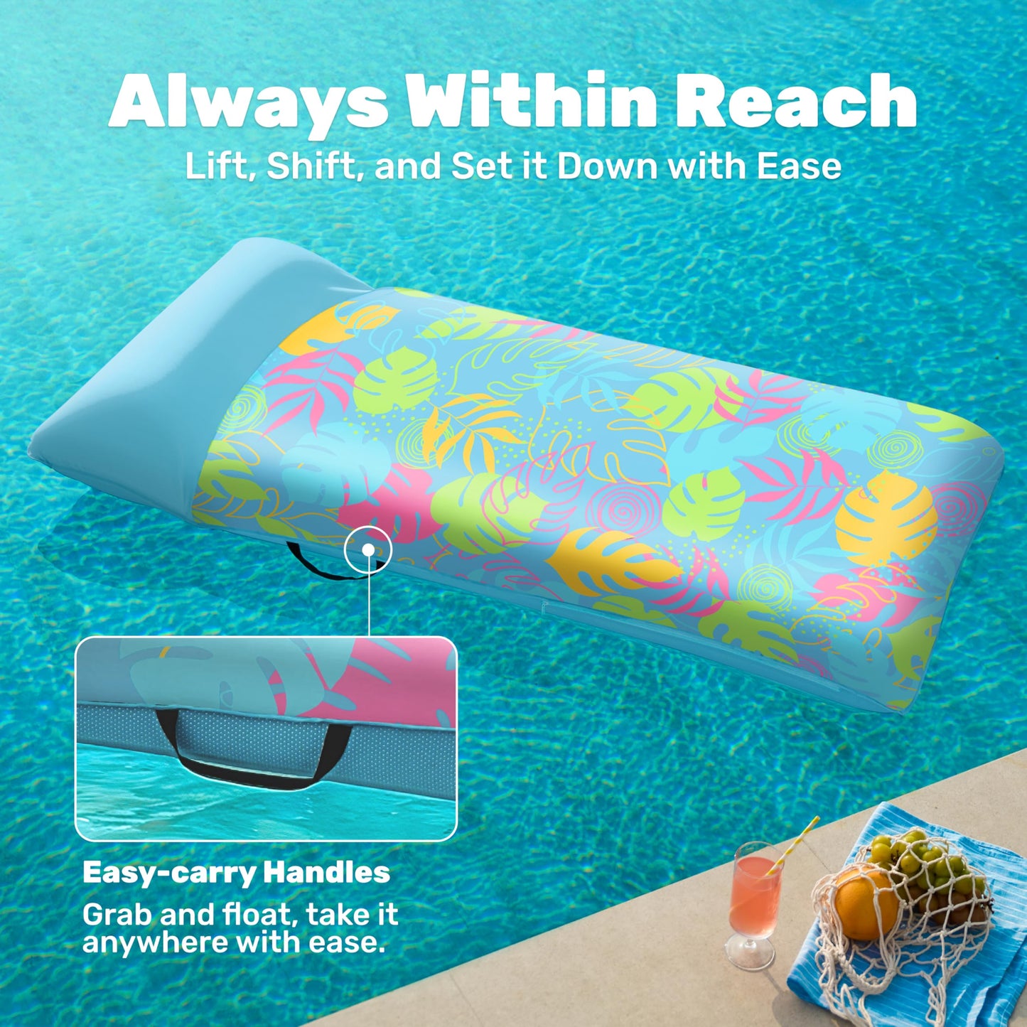 Sloosh Inflatable Pool Floats Raft - XL Fabric Covered Pool Mat Lounger Floaties for Adults, Ultra Comfort Inflatable Water Float with Headrest