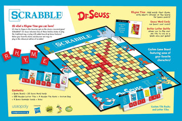 Scrabble Dr. Seuss Board Game | Official Scrabble Game with a Rhyming Twist | Custom Dr. Seuss Cards and Themed Scrabble Board | Bonus Points | Play