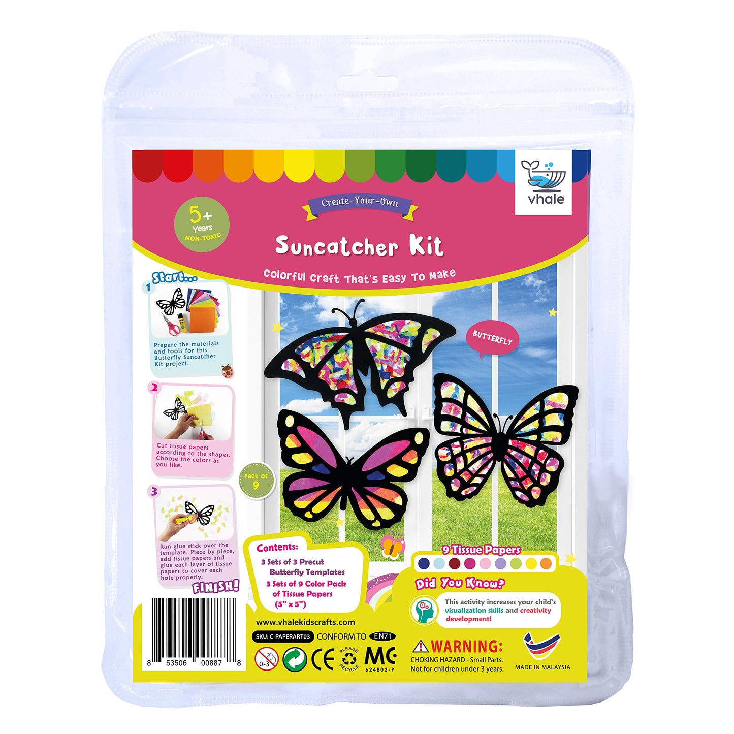 VHALE Suncatchers Craft 3 Sets (9 Cutouts) w Tissue Papers Stained Glass Effect Paper Sun Catcher Kit, Window Art, Classroom Crafts, Creative Art