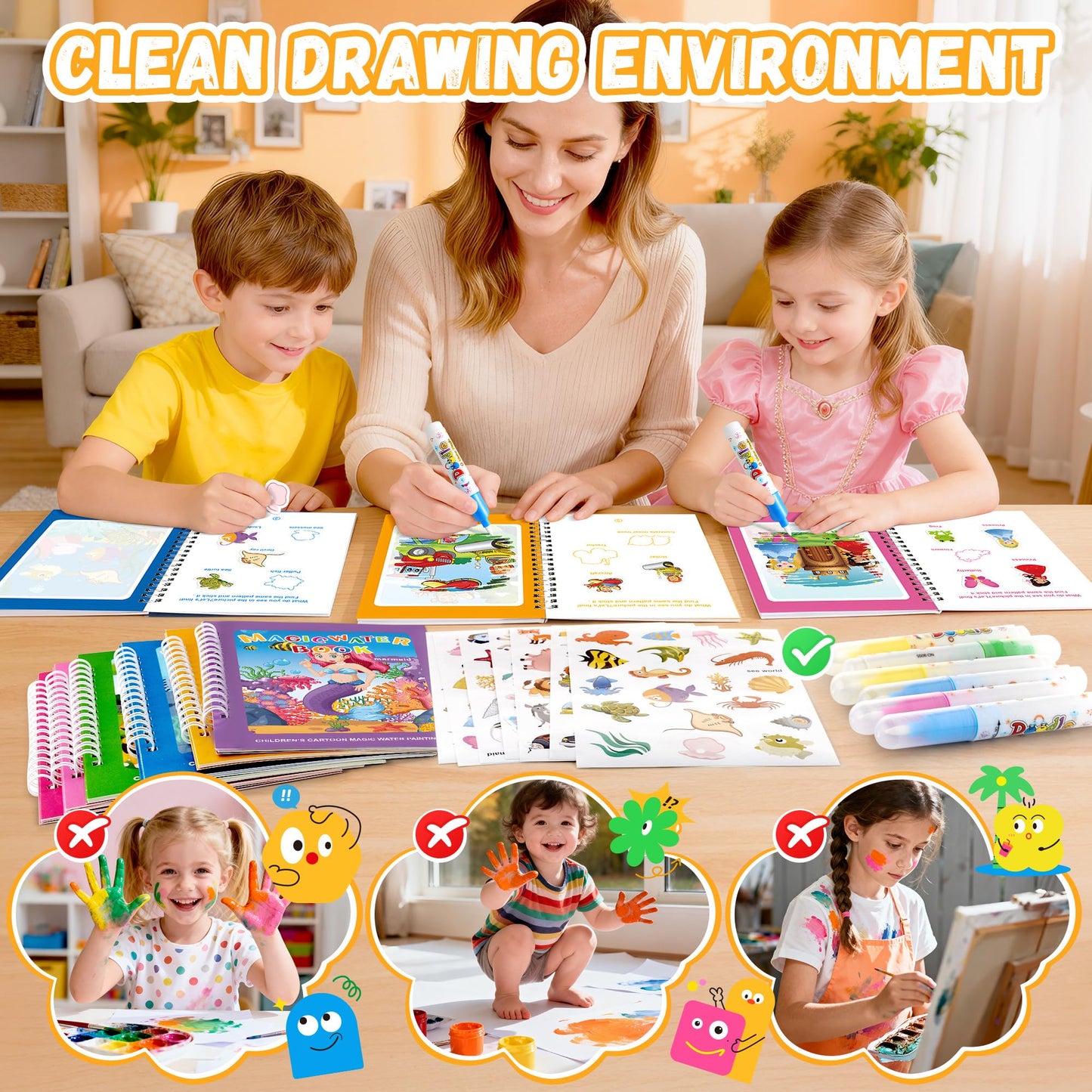 6P Water-Reveal Coloring Book for Toddlers-Mess Free Reusable Water Painting Pad with Pen,6 Fun Themes for Boys & Girls,Travel Activities,Party
