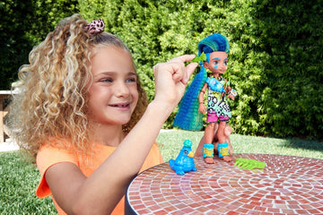Mattel Cave Club Slate Doll (8-10-inch, Blue Hair) Poseable Prehistoric Fashion Doll with Dinosaur Pet and Accessories, Gift for 4 Year Olds and Up