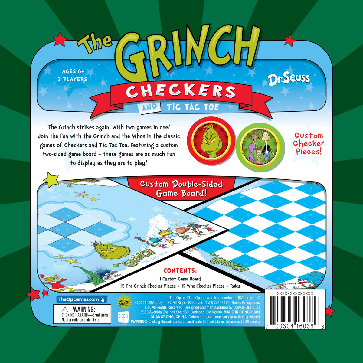 Grinch Checkers & Tic Tac Toe Board Game, 2 Games in One Set, Custom Double-Sided Board, Featuring Grinch and Whoville Token Pieces, Officially