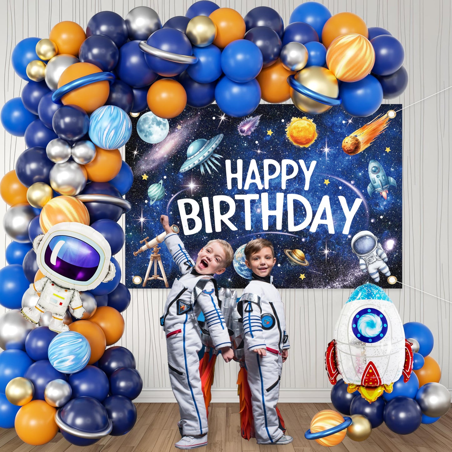 Outer Space Birthday Decorations for Boys,Party Decor Supplies Boy Including Happy Birthday Backdrop,Rocket Balloons Astronaut Foil Balloon