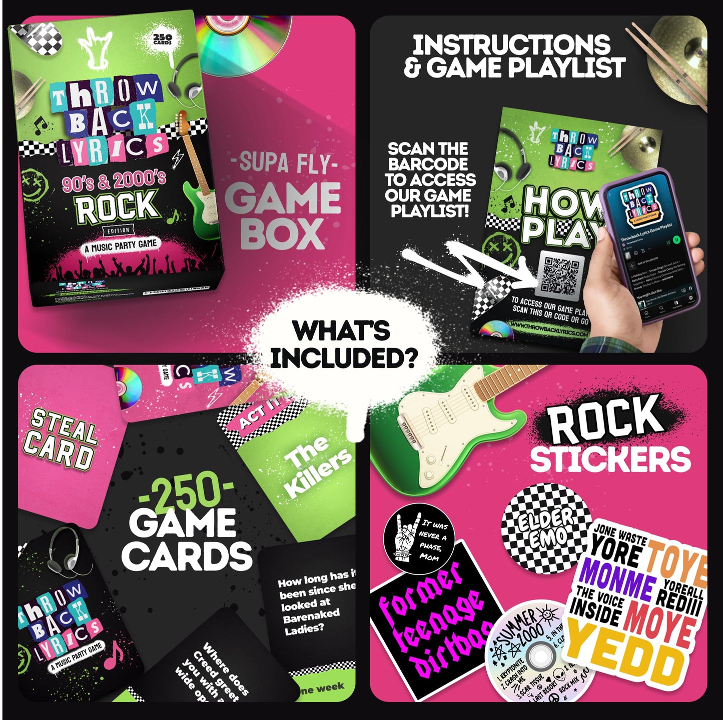Throwback Lyrics - 90s & 2000s Rock Music Trivia & Finish the Lyrics Card Game | Charades + Steal Cards | Adult Party Game for Game Night, Girls