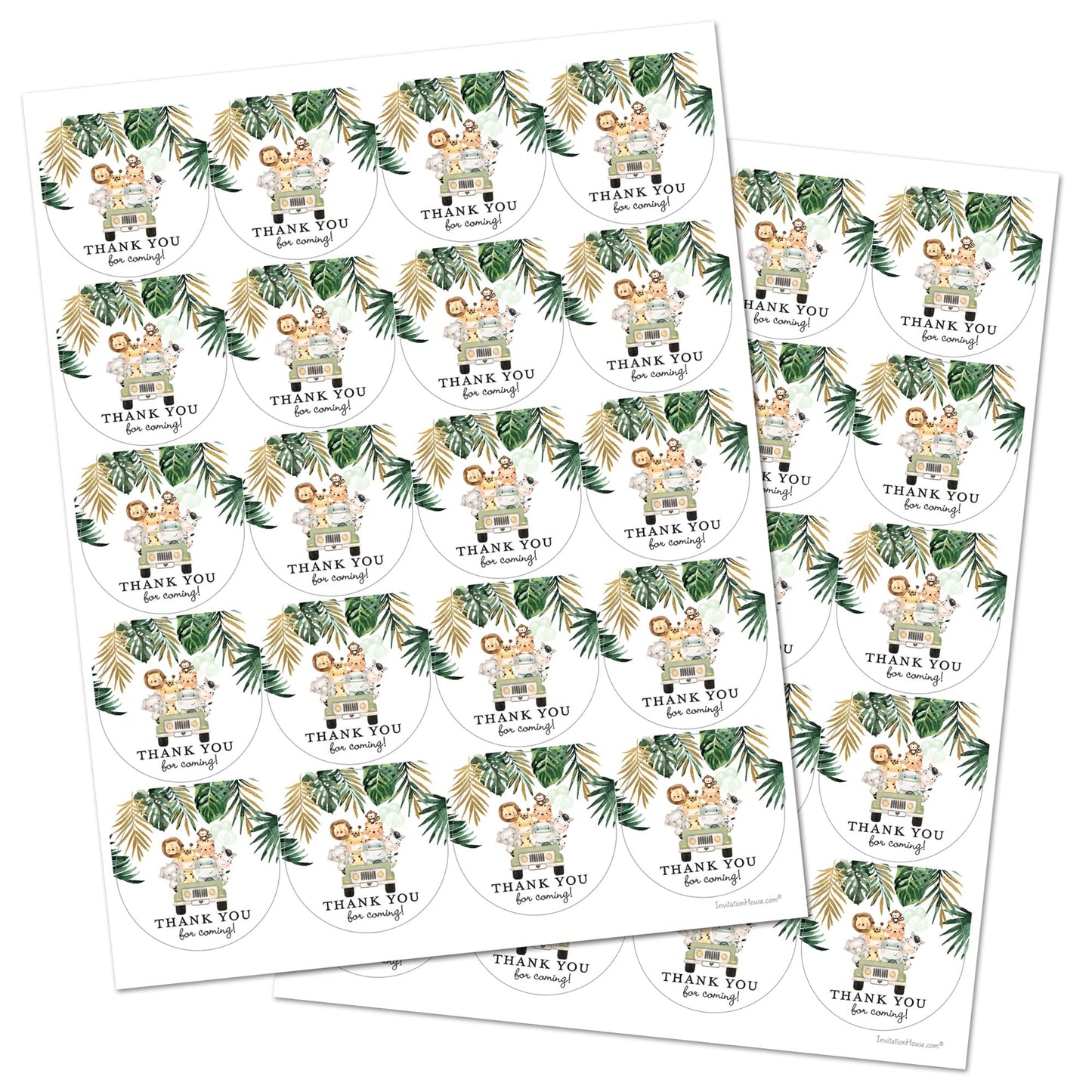 2"" Round - Safari Animals on Jeep Thank You Party Favor Stickers - Set of 40