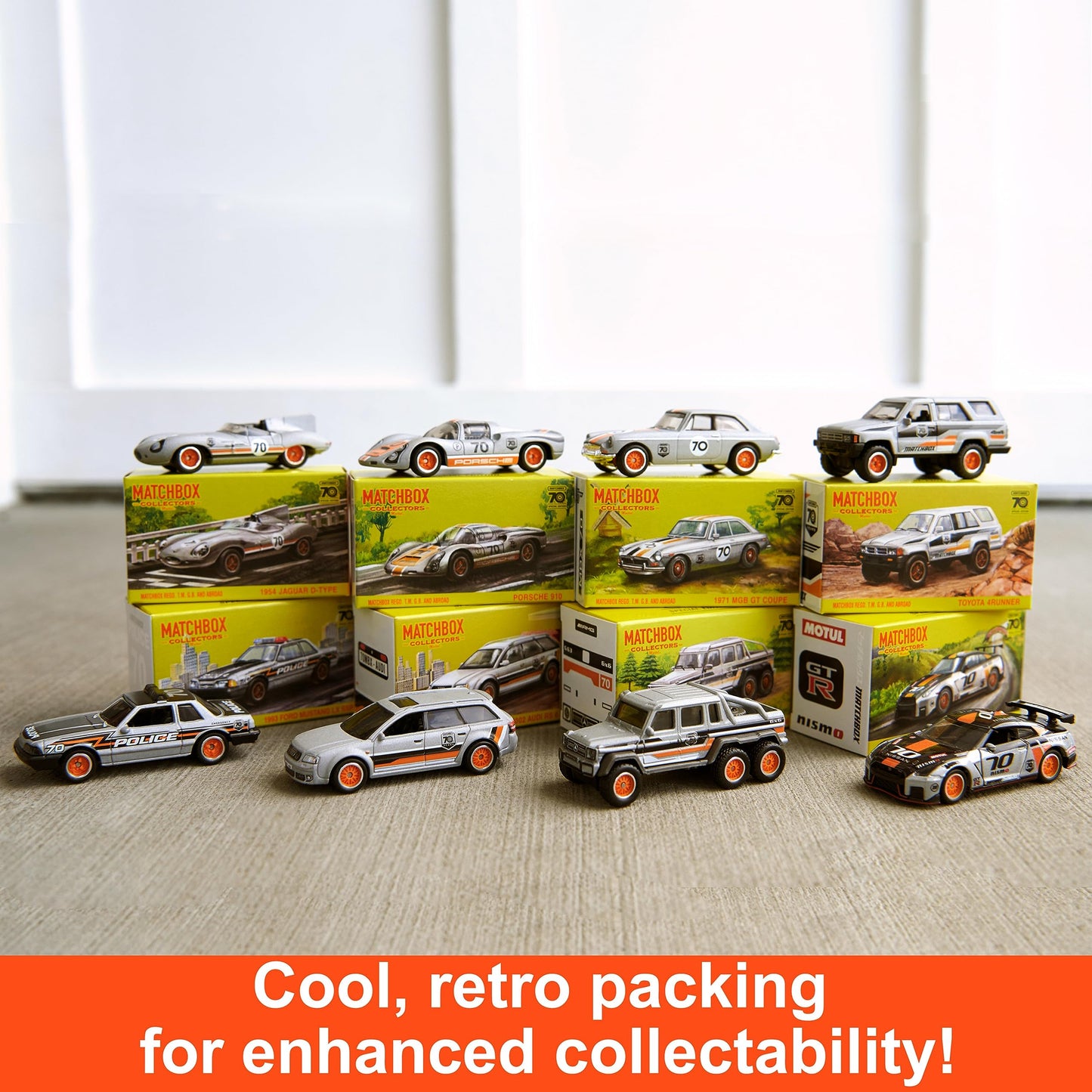 Matchbox Cars, Set of 8 Die-Cast Cars in 1:64 Scale with Premium Decos Including 1 Exclusive Vehicle, True Grip Tires, Platinum-Tone Finish,