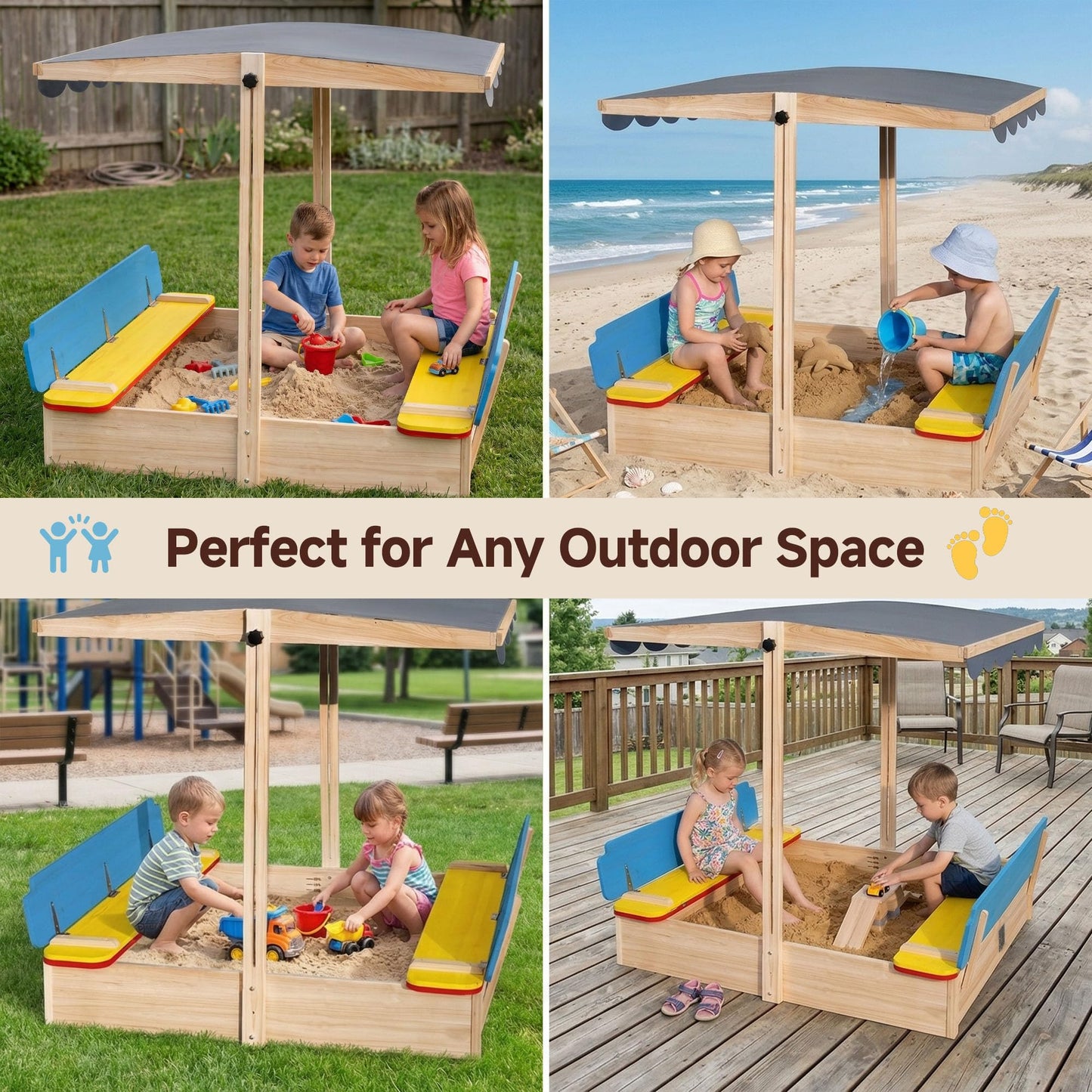 HOMELONG Wooden Sandbox with Cover Lid Adjustable Canopy Foldable Bench Seat Bottom Liner Large Sand Pit Aged 3-12 Outdoor 48x48 Inch Sand Box