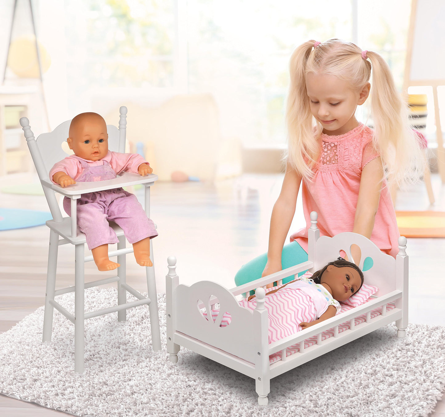 Badger Basket Doll High Chair and Bed Set - Classic Wooden Furniture for 18 Inch Dolls with Chevron Bedding, Spindle Styling, Fixed Tray and Pillow