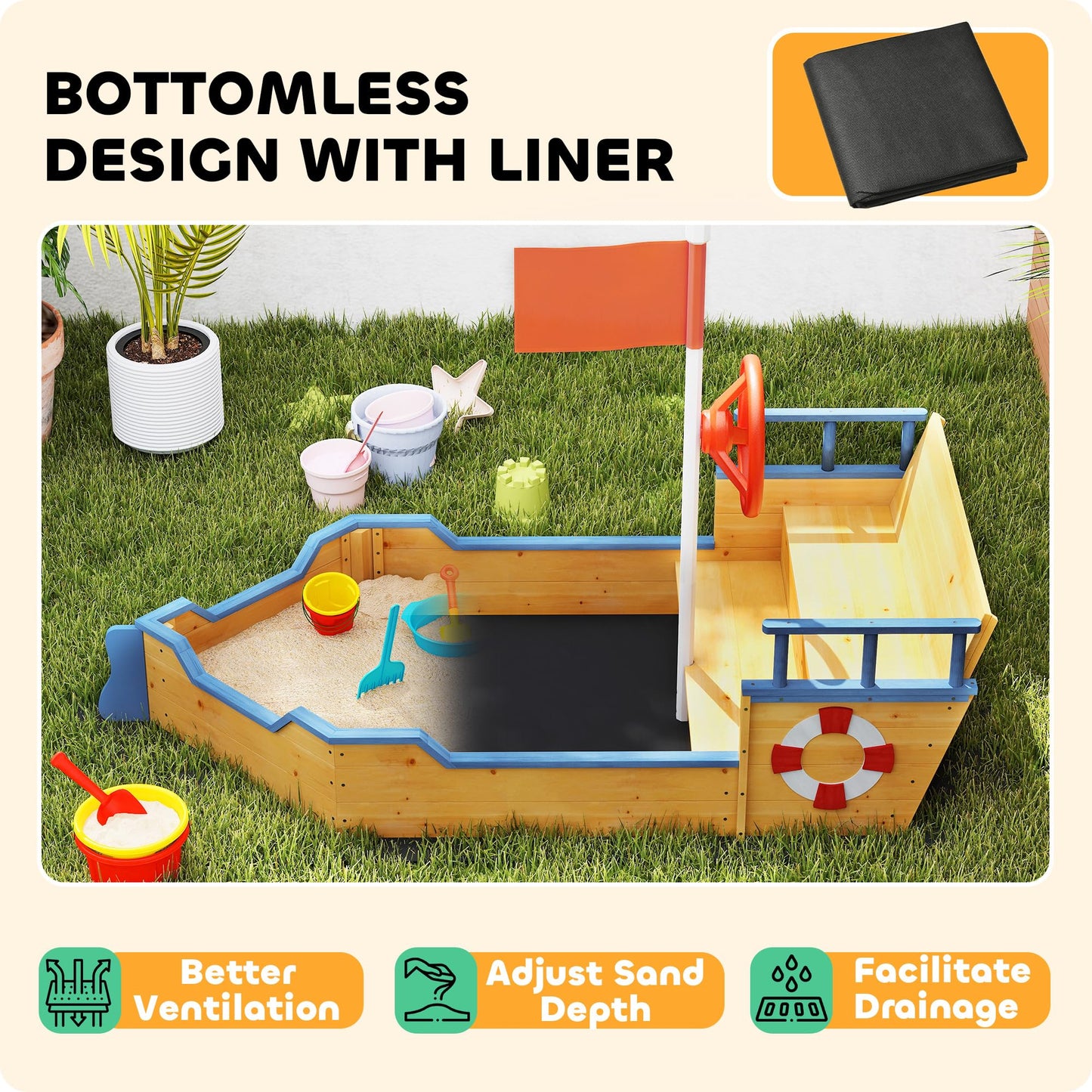 Outsunny Wooden Kids Sandbox Ship-Shape Outdoor Sandboat Natural Wood