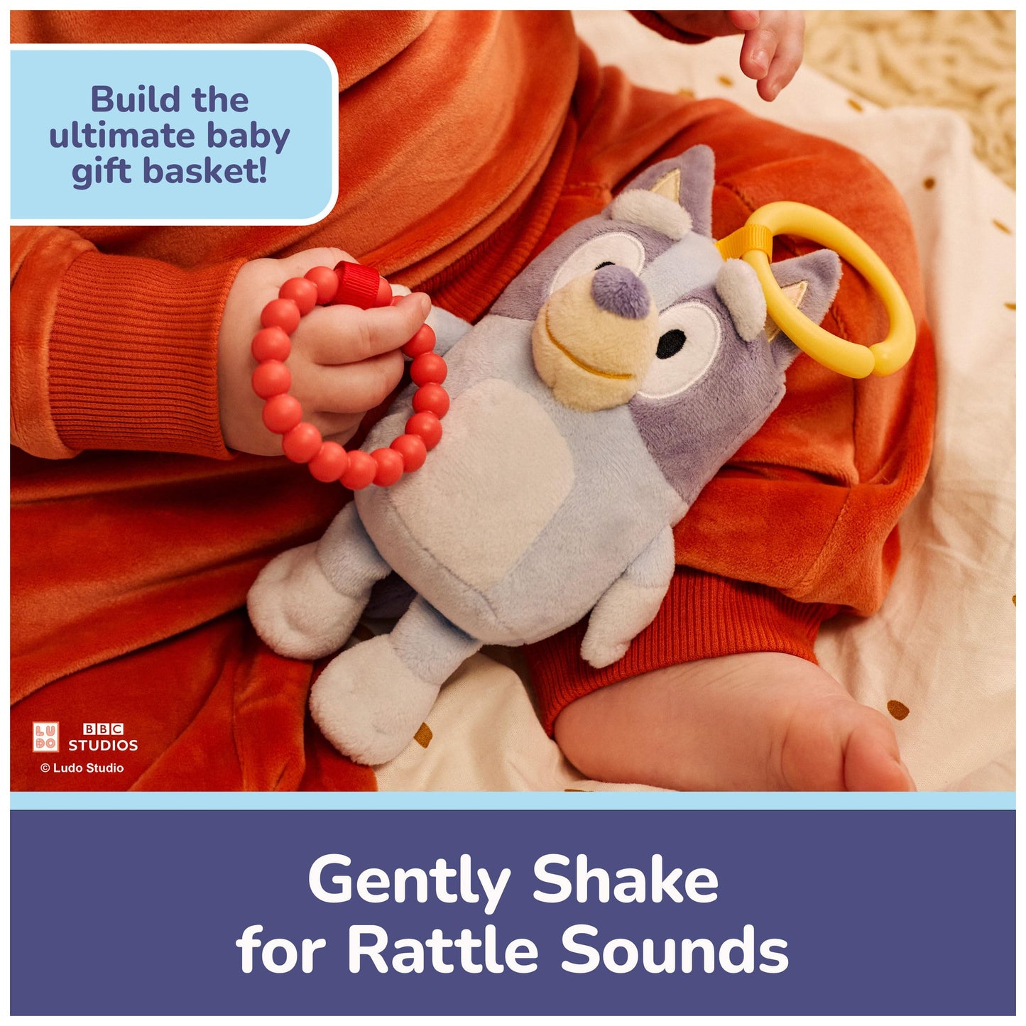 GUND Bluey Sensory Take-Along Toy, 7-Inch Teething Ring Rattle Stroller Toy