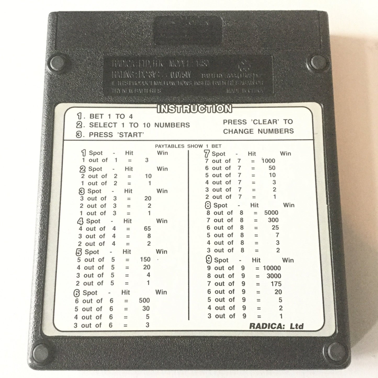 Radica 1480 Handheld Video Game~ Keno/ Lotto Win 50,000 1 to 4