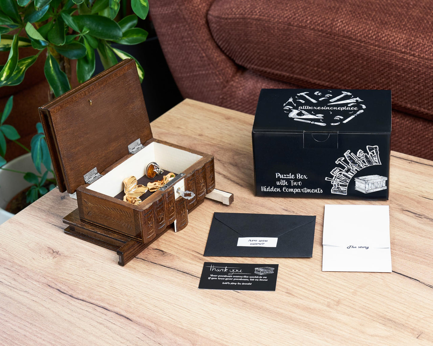 allboxesinoneplace Puzzle Box with Hidden Compartments, Secret Lock and Key
