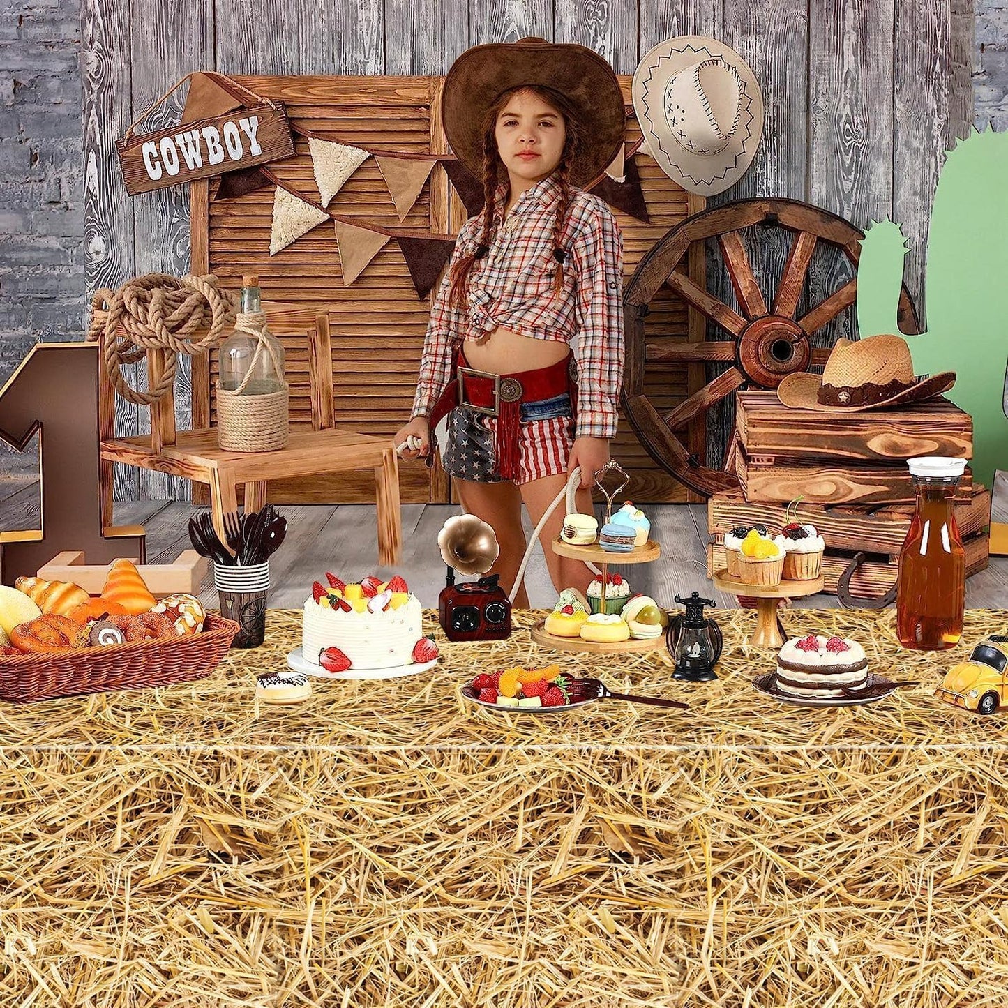 4Pcs Straw Tablecovers, Westtern Theme Birthday Tablecloths Plastic Farm Hay Table Cloths for Cowboy Western Party Supplies Farm, Hawaiian Luau, Hay