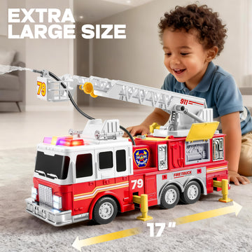 JOYIN Extra Large Toddler Fire Truck Toys for Boys with 33-inch Ladder, Lights & Sprinkler Pump, Big Emergency Vehicle, Kids Toys for Age 3, 4, 5, 6