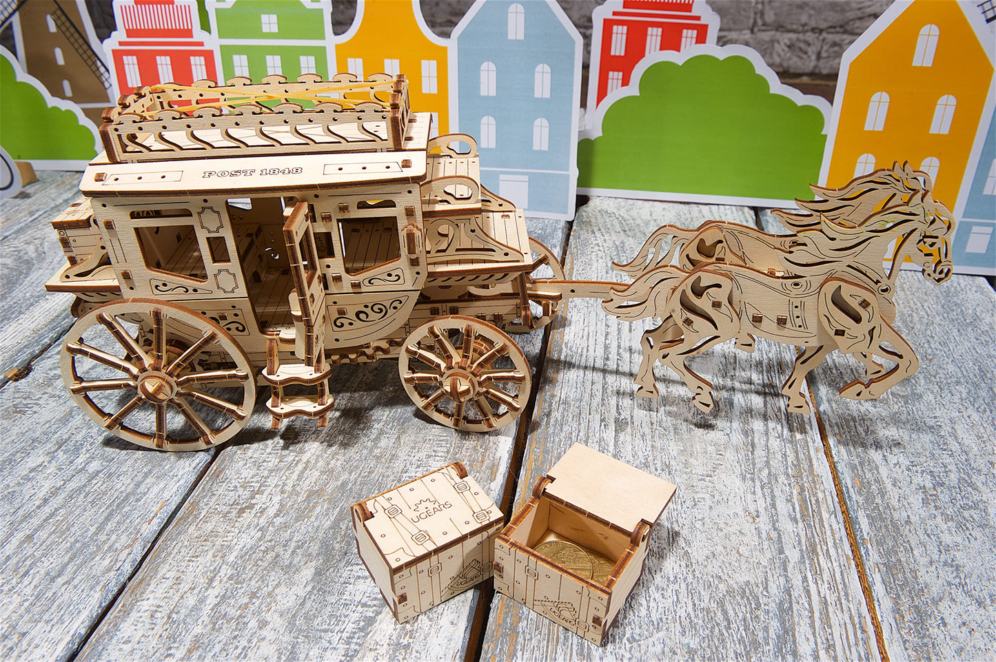 UGEARS Stagecoach 3D Mechanical Model - Wooden Brainteaser and Puzzle for Adults, Teens