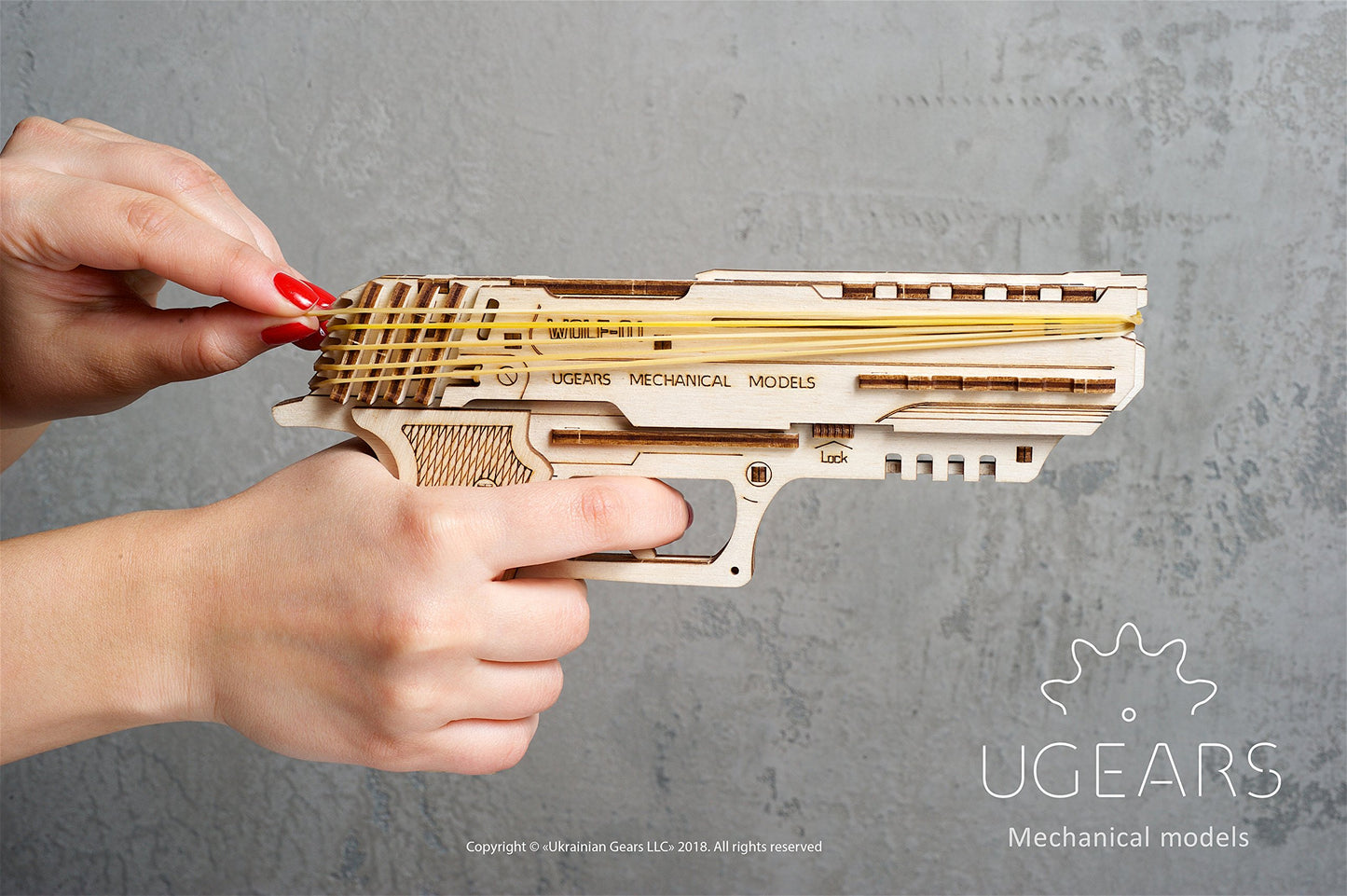 UGEARS Wolf-01 Handgun 3D Wooden Puzzles for Adults - Wooden Model Kits for Adults Rubber Space Band Handguns Mechanical Handgun Models Wood Puzzle