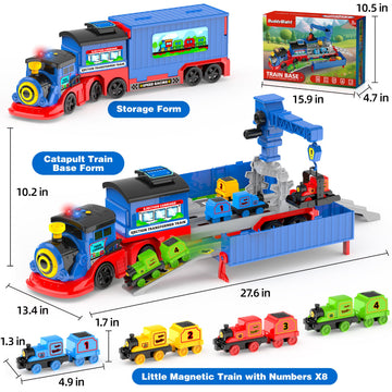 2-in-1 Toy Train Set for Toddler, Catapult Train Base with Movable Tower Crane, 8 Little Magnetic Trains, Light & Sound Effect, Ejection Car Truck