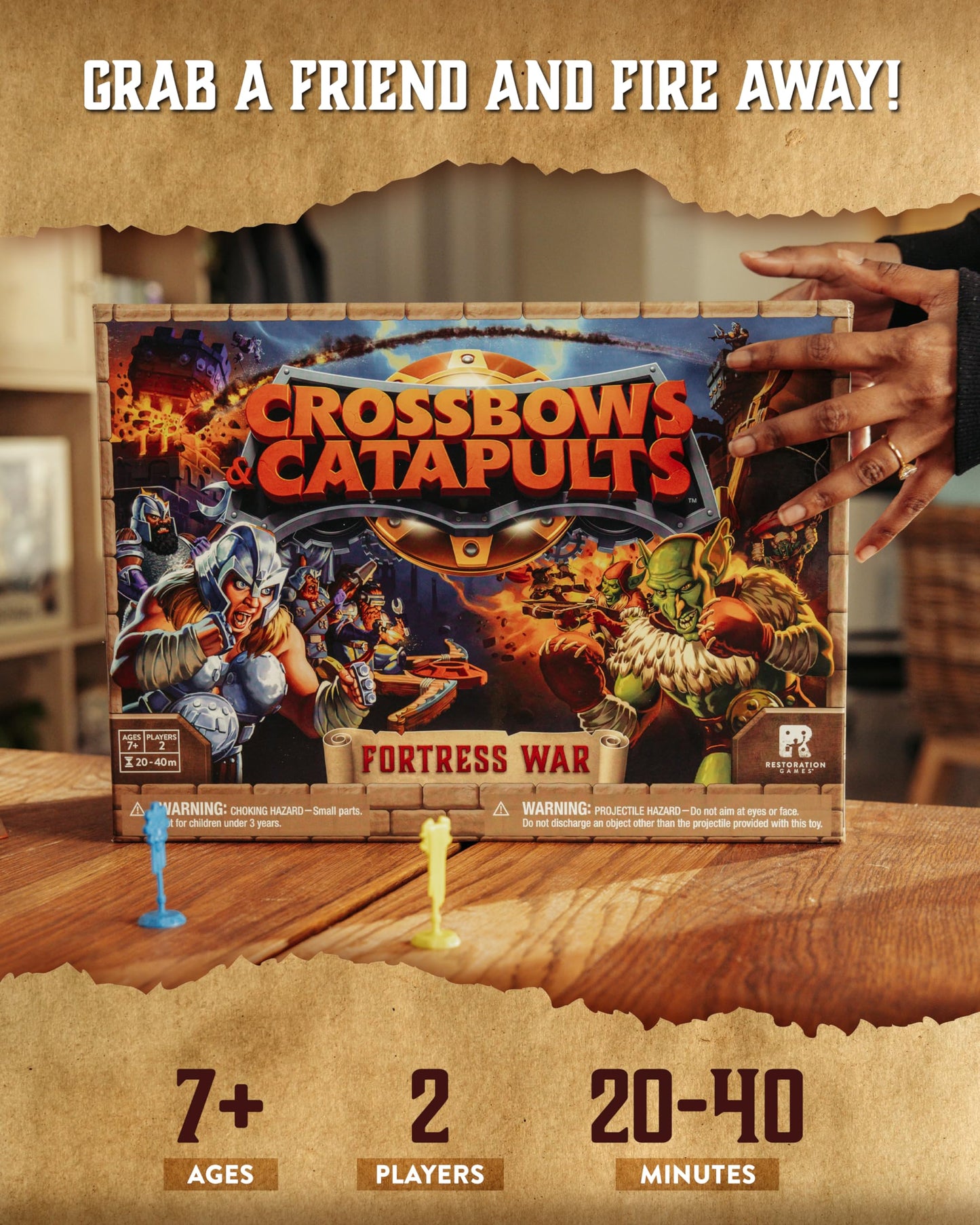 Restoration Games Crossbows and Catapults Fortress War - Dexterity Game for 2 Players - Build, Launch, and Topple Castles - 20-40 Min Playtime - Ages