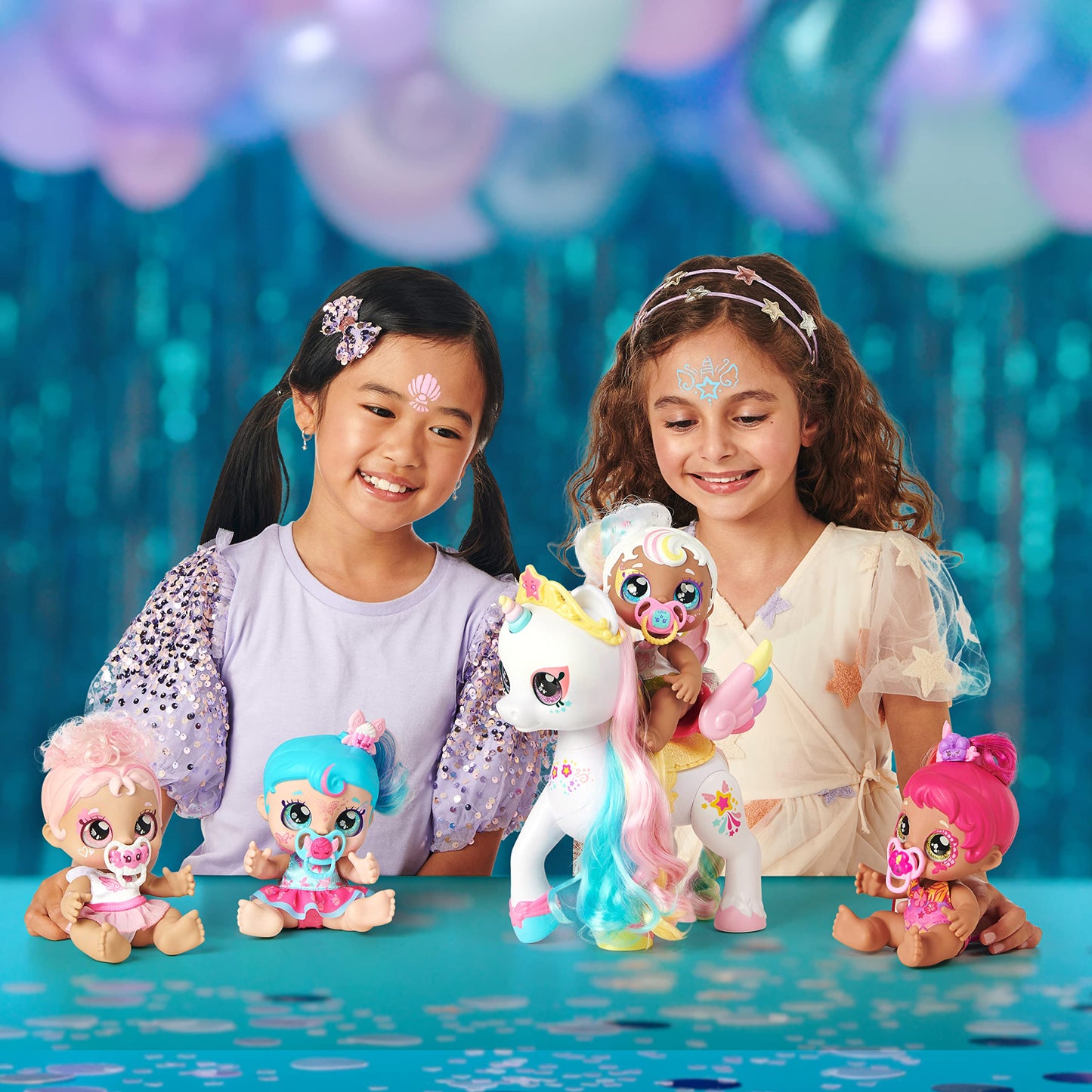 Kindi Kids Dress Up Magic 50275 Little Sister Doll, Unicorn Mini Apple Tree, Face Decorations to Discover, Toy Pacifier and Magic Sponge, Glittering
