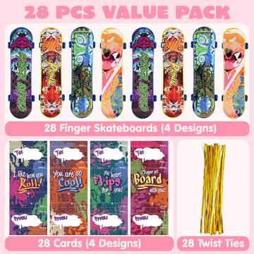 JOYIN 28 Pcs Valentines Day Finger Skateboards with Cards for Kids, Valentine Party Favor, Greeting Cards, Classroom Exchange Prizes, Holiday Reward