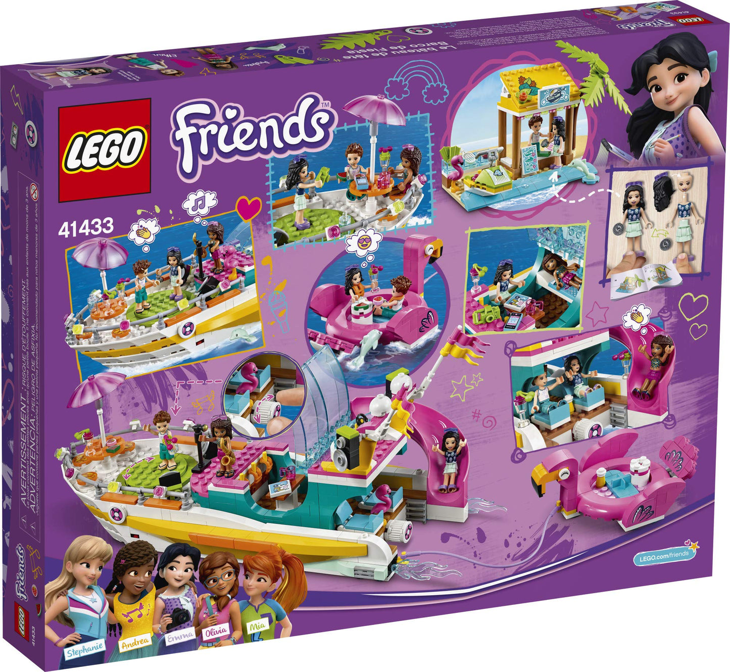 LEGO Friends Party Boat 41433 Including LEGO Friends Emma, Andrea and Ethan Mini-Doll Figures, Beach Store and Flamingo Party Boat, Great Summer Toy