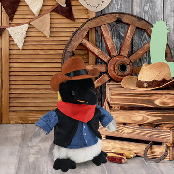 DolliBu Emperor Penguin Stuffed Animal Cowboy Plush with Name Personalization - Western-Themed Penguin Plush with Cute Cowboy Costume Denim Shirt