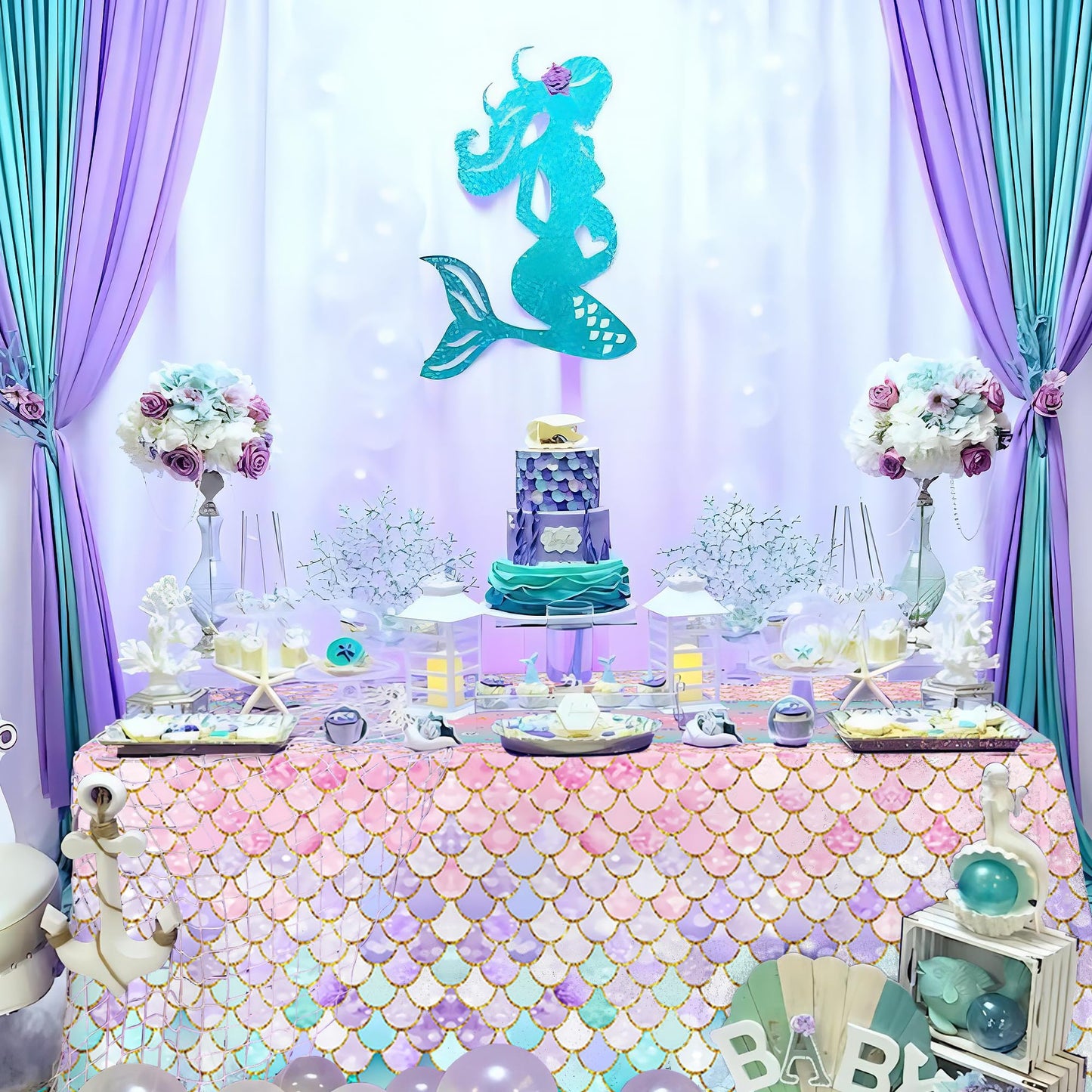 JQSSHXB Mermaid Tablecloths 3 Pack Disposable Plastic Birthday Party Favors (Fish Scale)