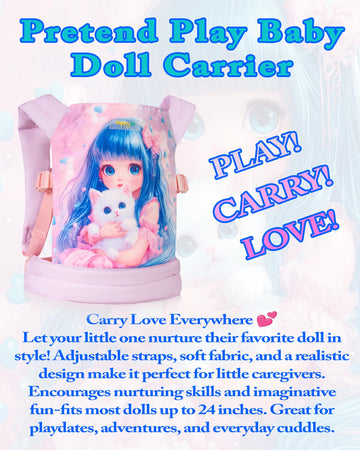 HappyVk Doll Carrier for Kids Baby Doll Carrier with Adjustable Straps Front & Back Carry Pretend Play Toy for Girls Cat Theme