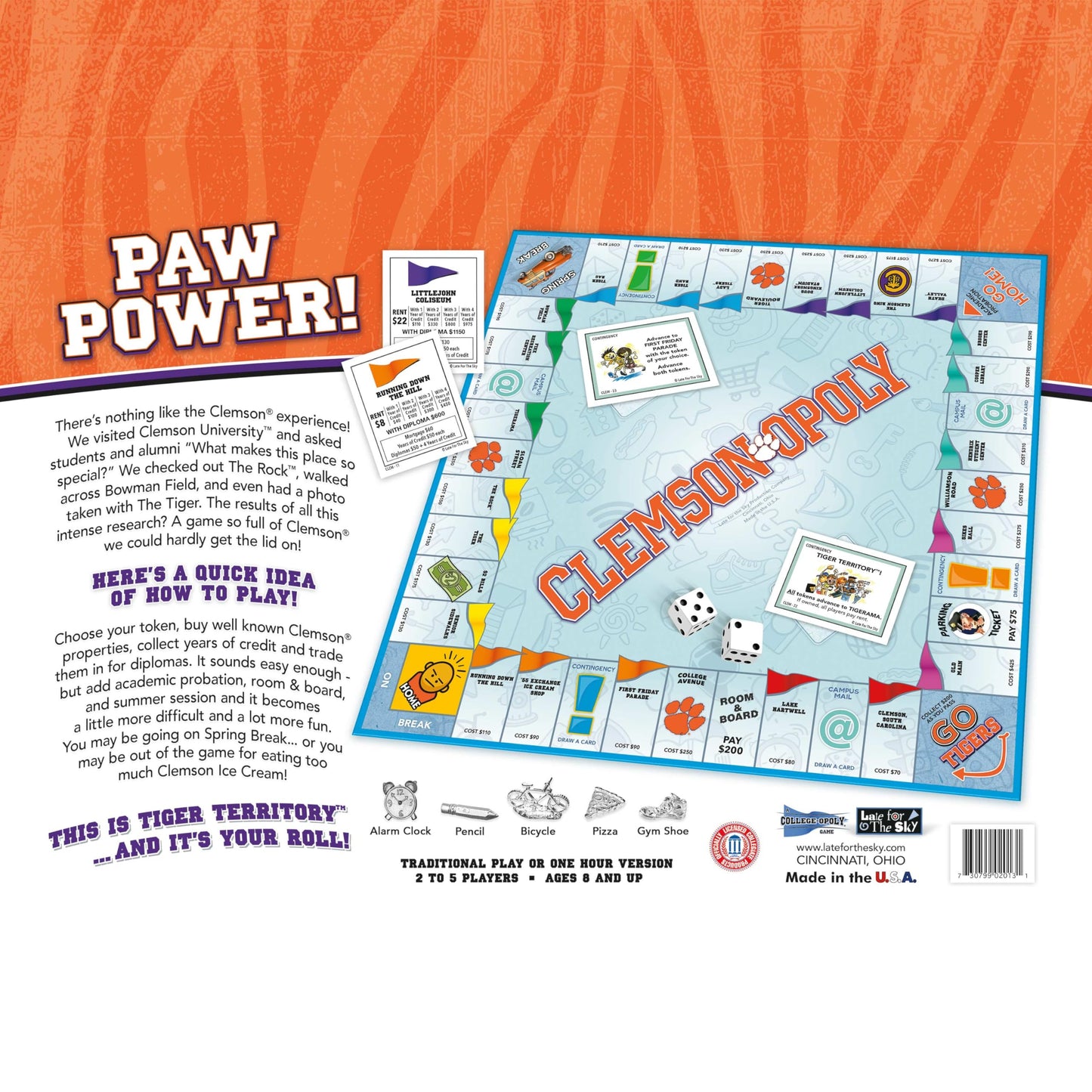 Late for the Sky Clemson University Clemsonopoly Board Game, Official Campus Edition for Fans, Students, Alumni, 2 to 6 Players Family Fun