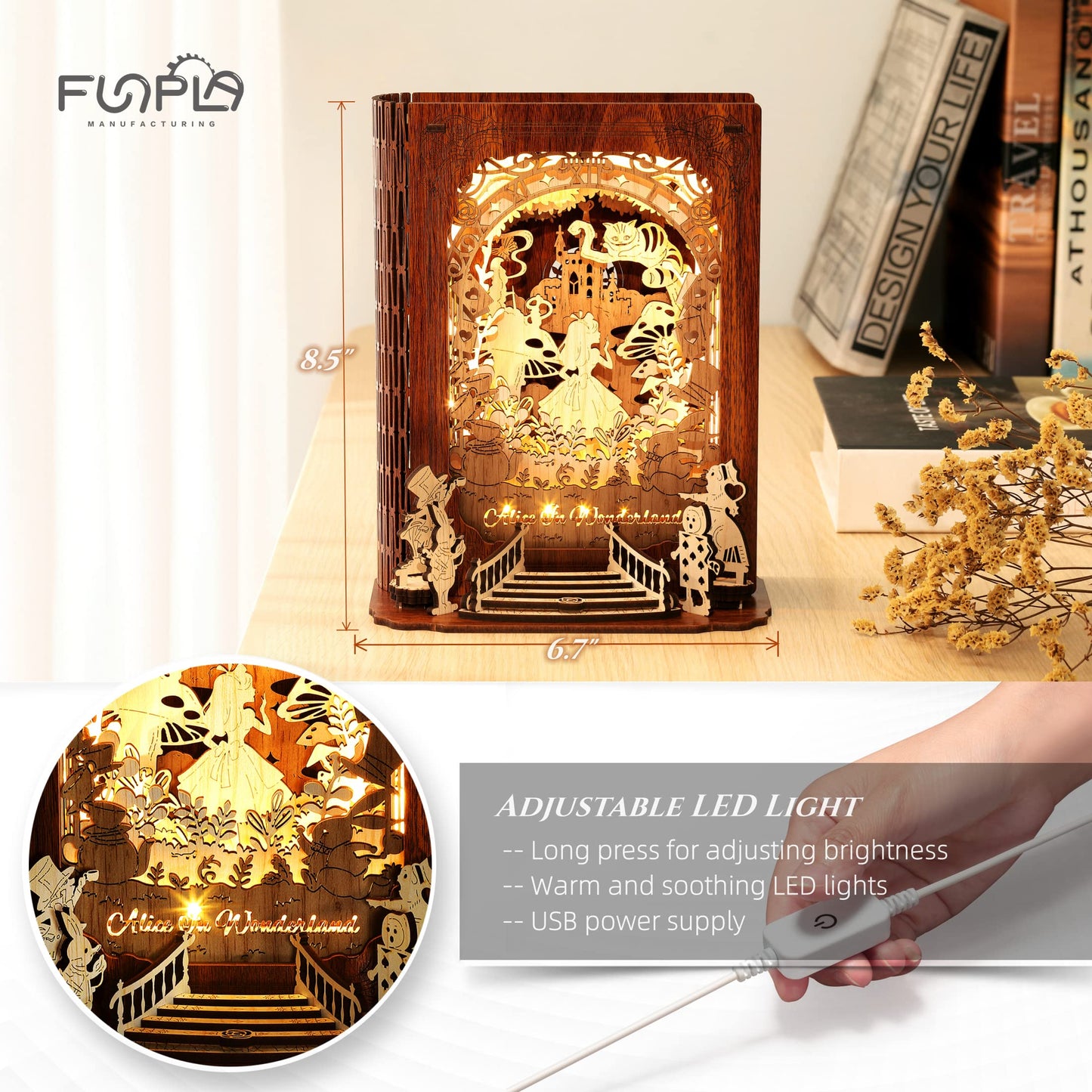 FUNPOLA Alice in Wonderland 3D Puzzle Nightlight - DIY 3D LED Book Lamp - 3D Wood Puzzles Décor Lamp for Adults