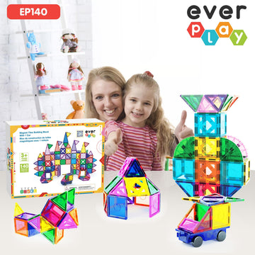 Everplay 140 pc Castle Rocket Magnetic Tiles with Car Set Building Block Toys STEM Educational Learning Magnet Toy Preschool Montessori Boys & Girls