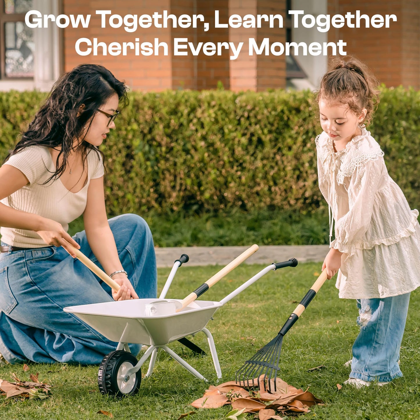 ROBOTIME Kids Wheelbarrow with Gardening Set - Metal Wheelbarrow Toddler Outdoor Play Toy with Garden Tools, Watering Can & Plant Labels, Pretend Play
